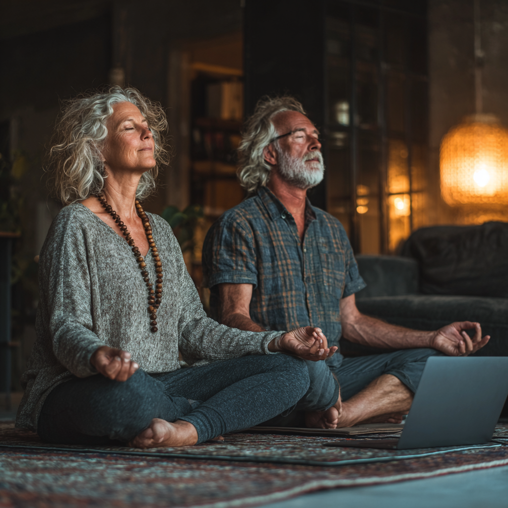 Cuplu de 55-60 ani practicând yoga împreună acasă, urmărind o lecție vandroshel pe laptop, pe saltelele de yoga în living-ul lor confortabil