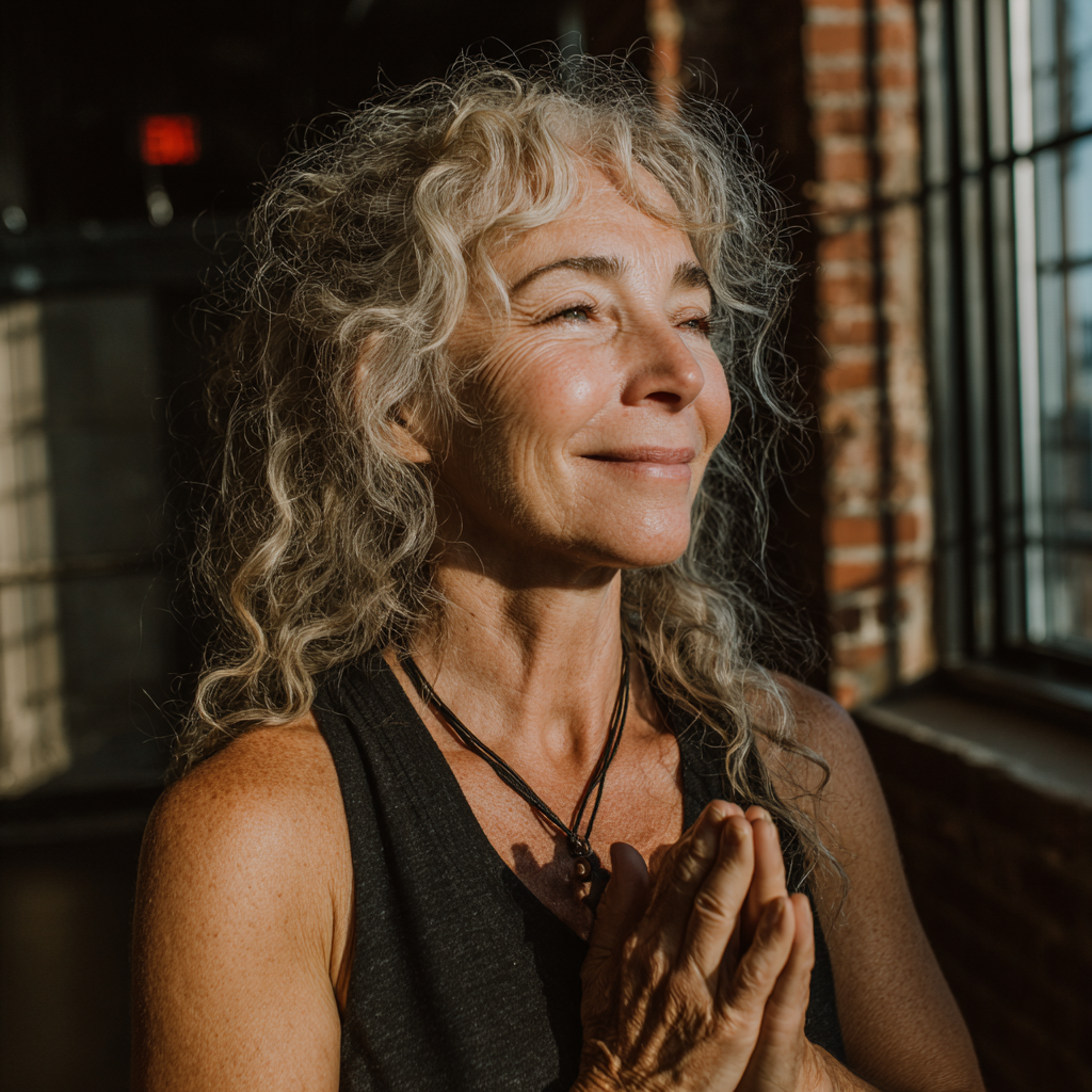 Femeie de 55 de ani practicând yoga în poziția copacului, zâmbind liniștit în studio-ul vandroshel cu lumină naturală caldă