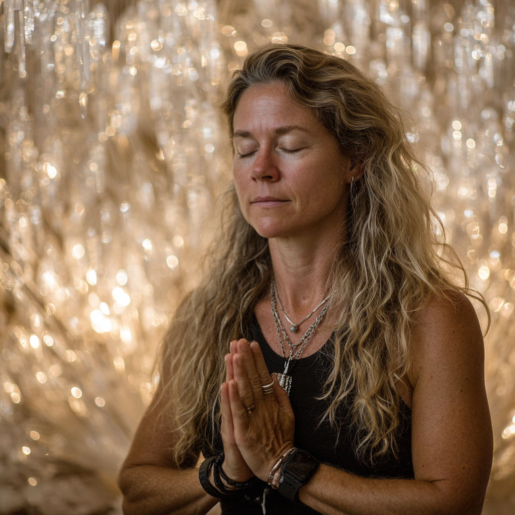 Femeie de 58 de ani meditând cu ochii închiși și mâinile în mudra, înconjurată de lumânări și cristale în spațiul de meditație vandroshel